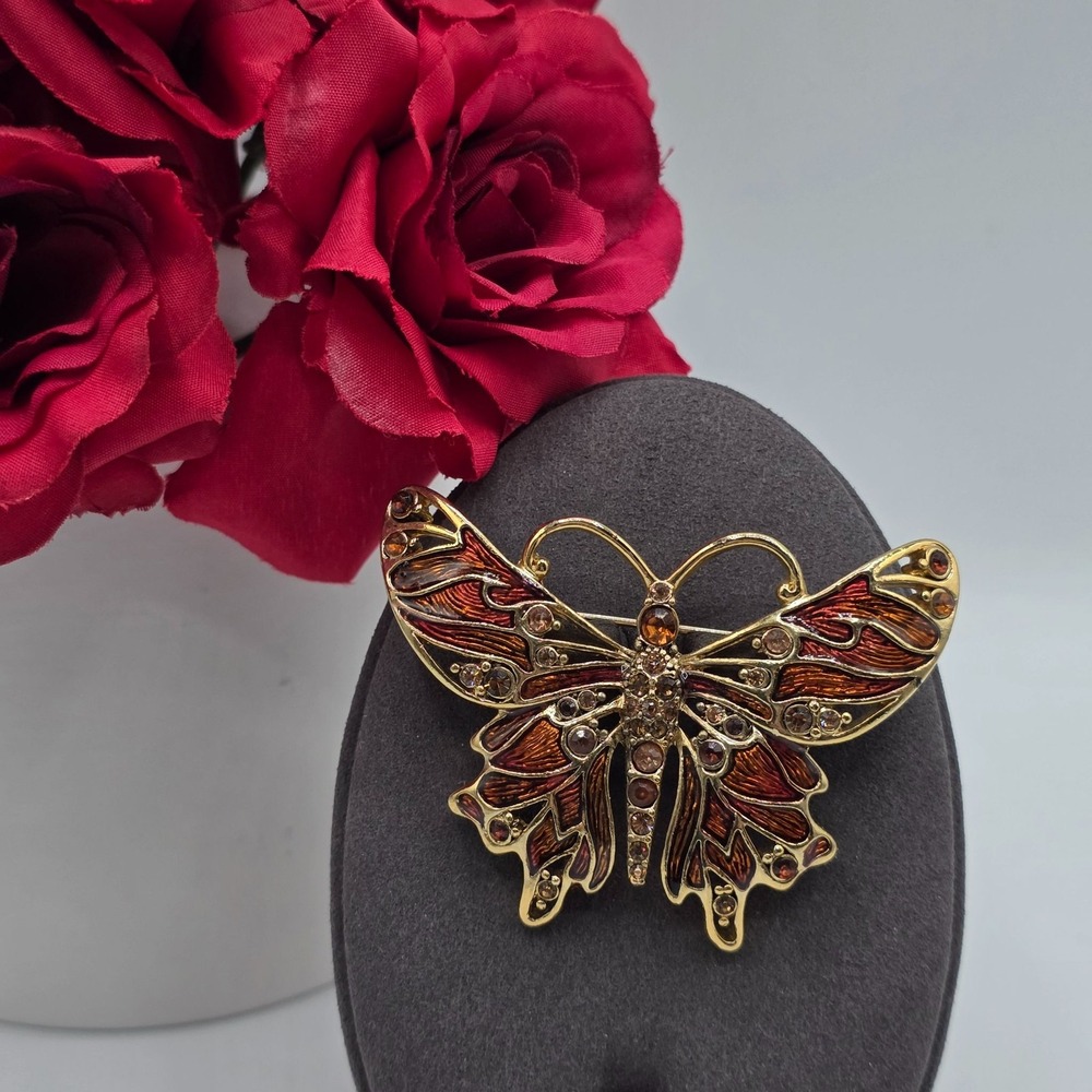 Monet Butterfly Brooch Enamel Rhinestone Gold Tone Red Brown Statement Jewelry